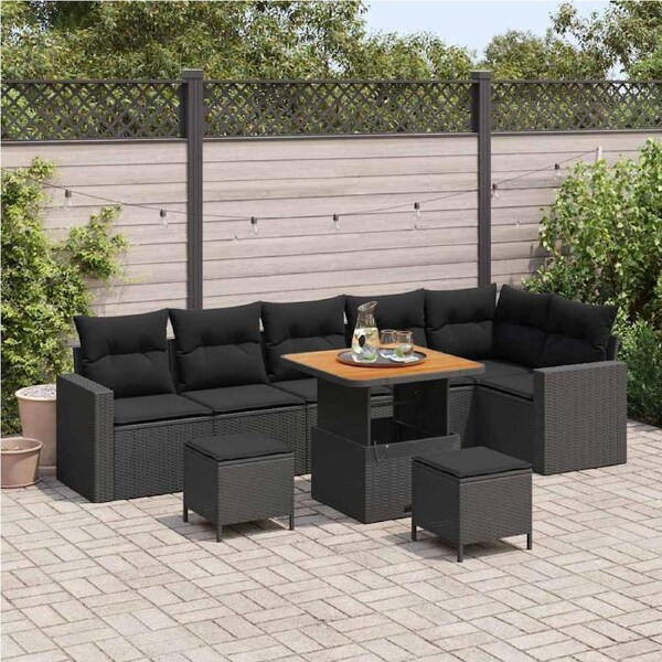 Garden Sofa Set Height-Adjustable 9 pcs Black Poly Rattan vidaXL