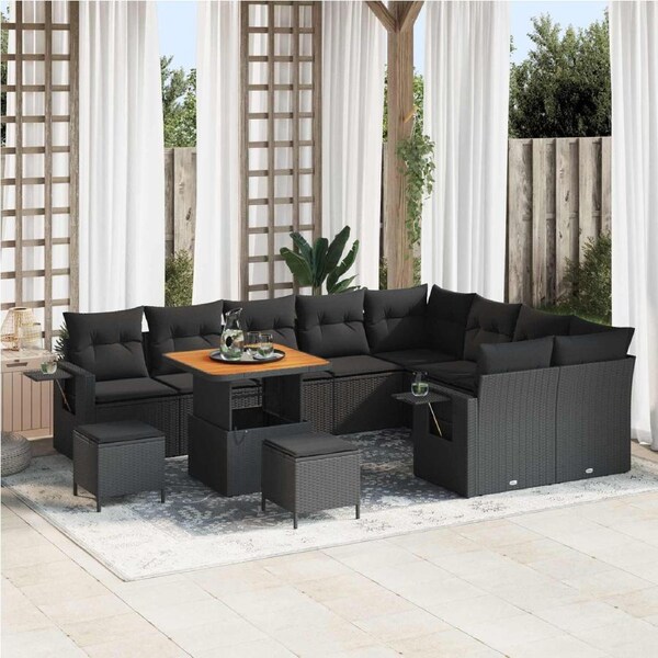 Garden Sofa Set Height-Adjustable 12 pcs Black Poly Rattan vidaXL