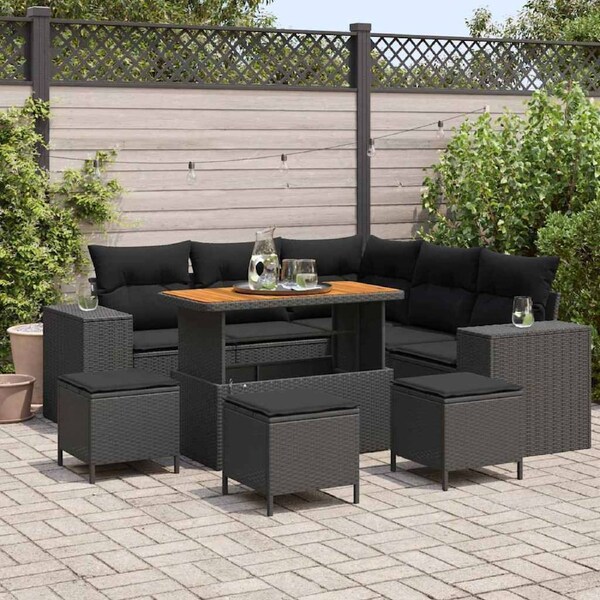 Garden Sofa Set with Cushion 9 pcs Black Poly Rattan vidaXL