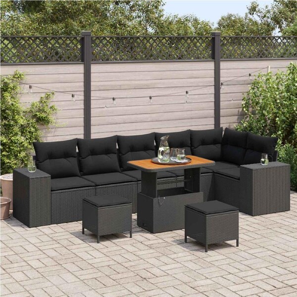 Garden Sofa Set with Cushion 9 pcs Black Poly Rattan vidaXL
