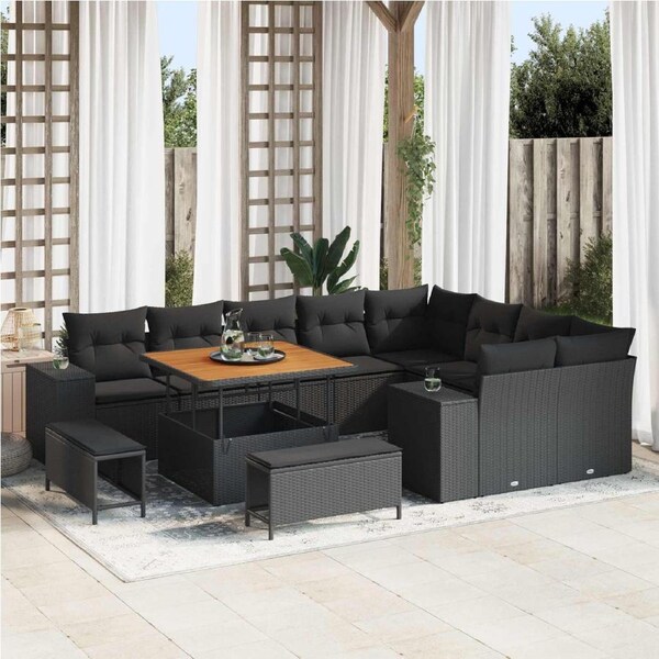 Garden Sofa Set with Cushion 12 pcs Black Poly Rattan vidaXL