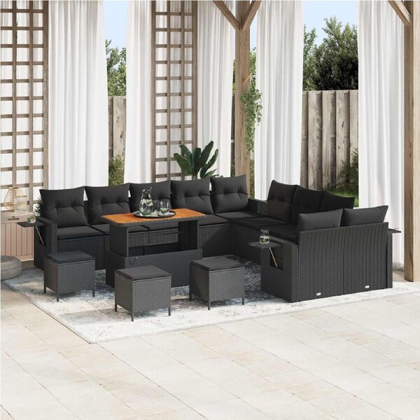 Garden Sofa Set Height-Adjustable 14 pcs Black Poly Rattan vidaXL