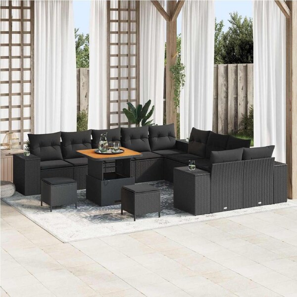 Garden Sofa Set with Cushion 13 pcs Black Poly Rattan vidaXL