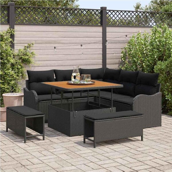 Garden Sofa Set with Cushion 8 pcs Black Poly Rattan vidaXL