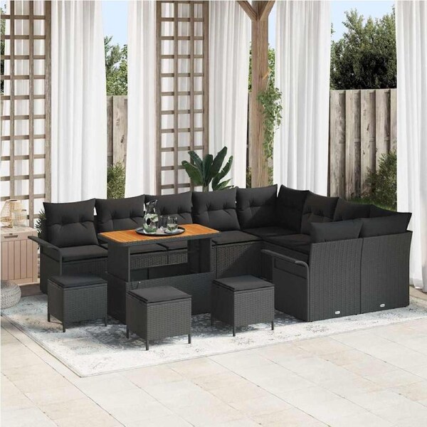 Garden Sofa Set with Cushion 13 pcs Black Poly Rattan vidaXL