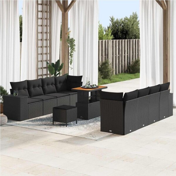 Garden Sofa Set with Cushion 11 pcs Black Poly Rattan vidaXL