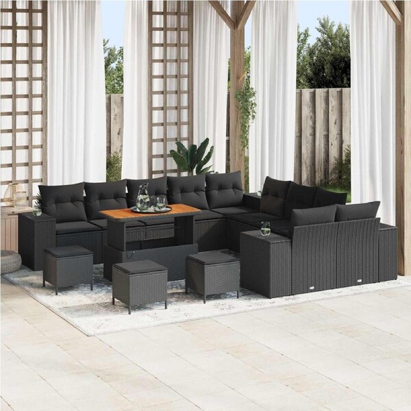 Garden Sofa Set with Cushion 14 pcs Black Poly Rattan vidaXL