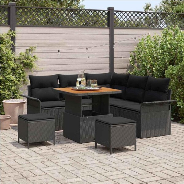 Garden Sofa Set with Cushion 8 pcs Black Poly Rattan vidaXL