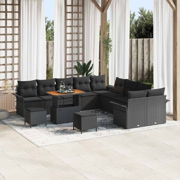 Garden Sofa Set with Cushion 13 pcs Black Poly Rattan vidaXL