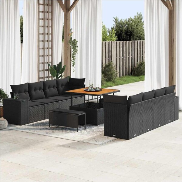 Garden Sofa Set with Cushion 11 pcs Black Poly Rattan vidaXL