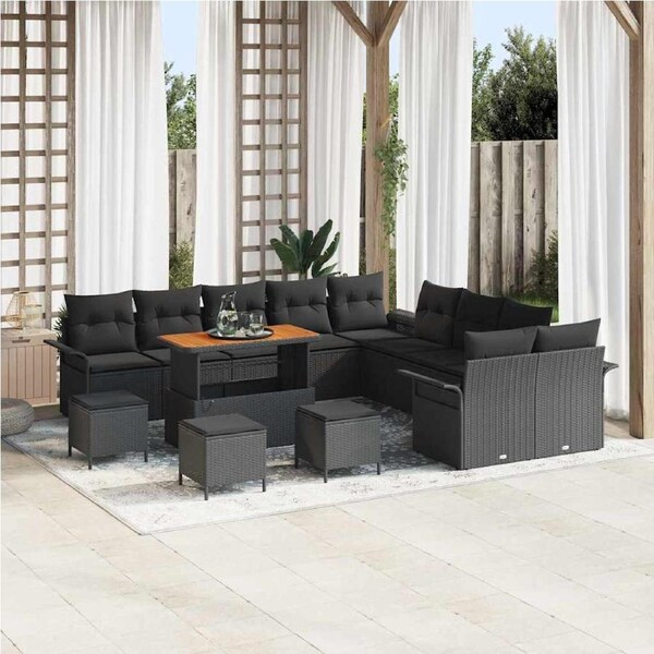 Garden Sofa Set with Cushion 14 pcs Black Poly Rattan vidaXL