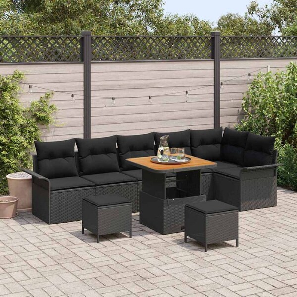 Garden Sofa Set with Cushion 9 pcs Black Poly Rattan vidaXL