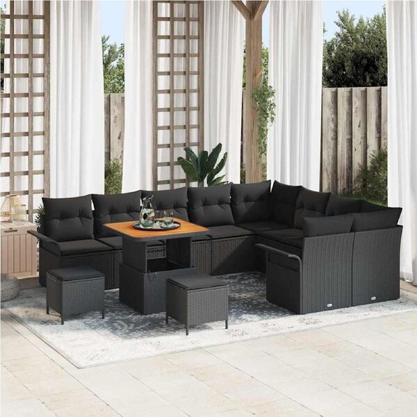 Garden Sofa Set with Cushion 12 pcs Black Poly Rattan vidaXL