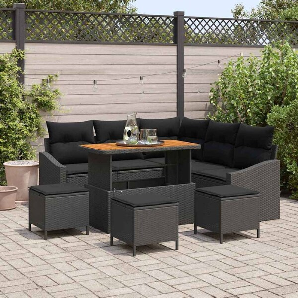 Garden Sofa Set with Cushion 9 pcs Black Poly rattan vidaXL