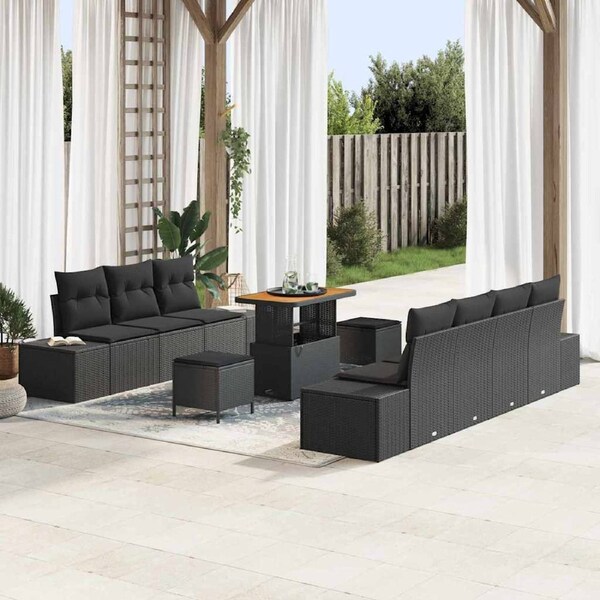 Garden Sofa Set with Cushion 10 pcs Black Poly rattan vidaXL
