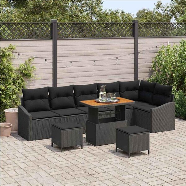 Garden Sofa Set with Cushion 9 pcs Black Poly rattan vidaXL