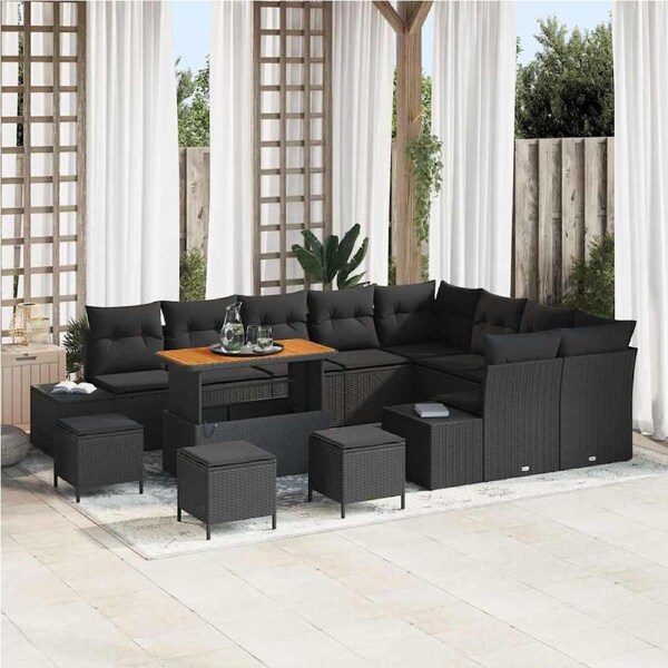 Garden Sofa Set with Cushion 13 pcs Black Poly Rattan vidaXL