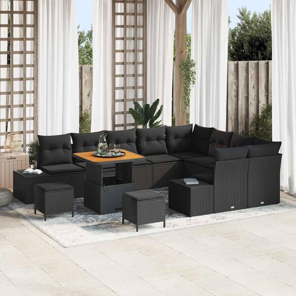 Garden Sofa Set with Cushion 12 pcs Black Poly Rattan vidaXL