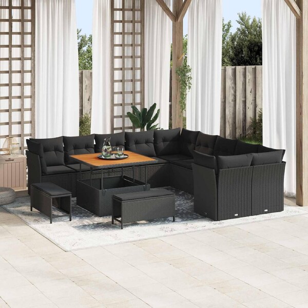 Garden Sofa Set with Cushion 13 pcs Black Poly Rattan vidaXL