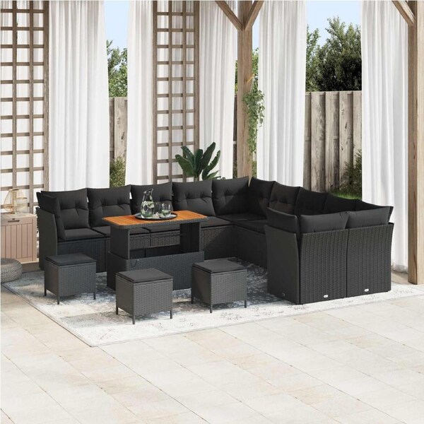 Garden Sofa Set with Cushion 14 pcs Black Poly Rattan vidaXL