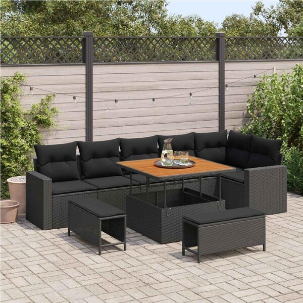 Garden Sofa Set with Cushion 11 pcs Black Poly Rattan vidaXL