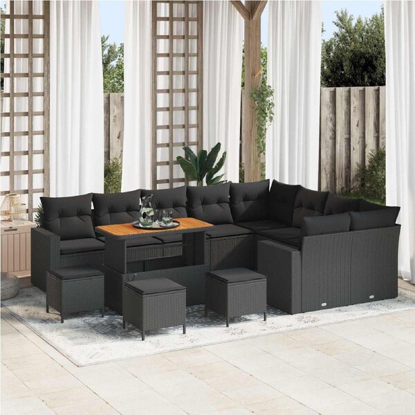 Garden Sofa Set with Cushion 14 pcs Black Poly Rattan vidaXL