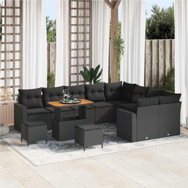 Garden Sofa Set with Cushion 13 pcs Black Poly Rattan vidaXL