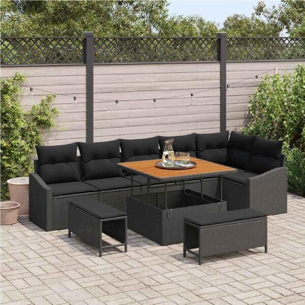 Garden Sofa Set with Cushion 9 pcs Black Poly rattan vidaXL