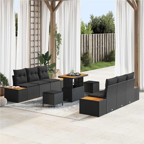 Garden Sofa Set with Cushion 9 pcs Black Poly rattan vidaXL