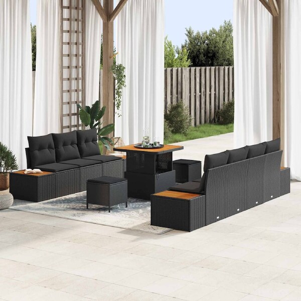 Garden Sofa Set with Cushion 10 pcs Black Poly rattan vidaXL