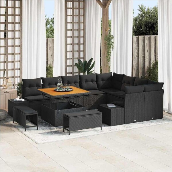 Garden Sofa Set with Cushion 12 pcs Black Poly rattan vidaXL