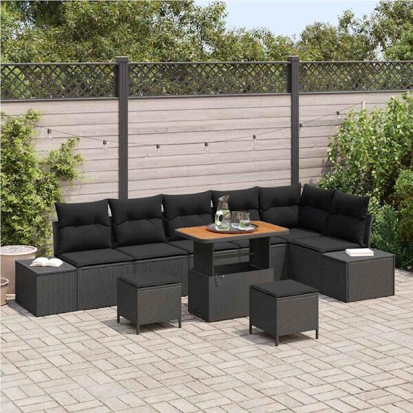 Garden Sofa Set with Cushion 9 pcs Black Poly rattan vidaXL