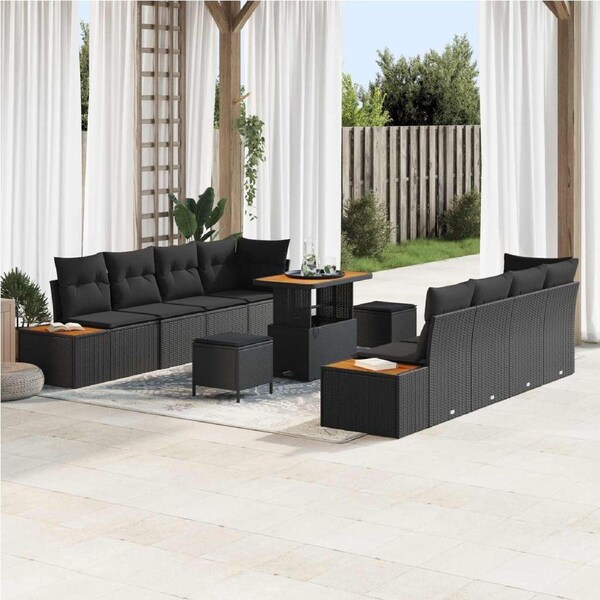 Garden Sofa Set with Cushion 11 pcs Black Poly rattan vidaXL