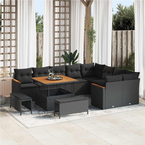 Garden Sofa Set with Cushion 12 pcs Black Poly rattan vidaXL