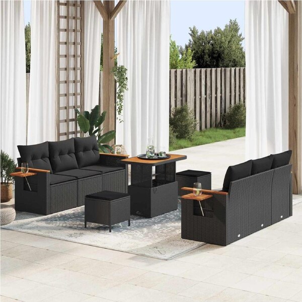 Garden Sofa Set with Cushion 11 pcs Black Poly Rattan vidaXL