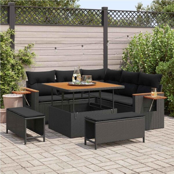 Garden Sofa Set with Cushion 9 pcs Black Poly Rattan vidaXL