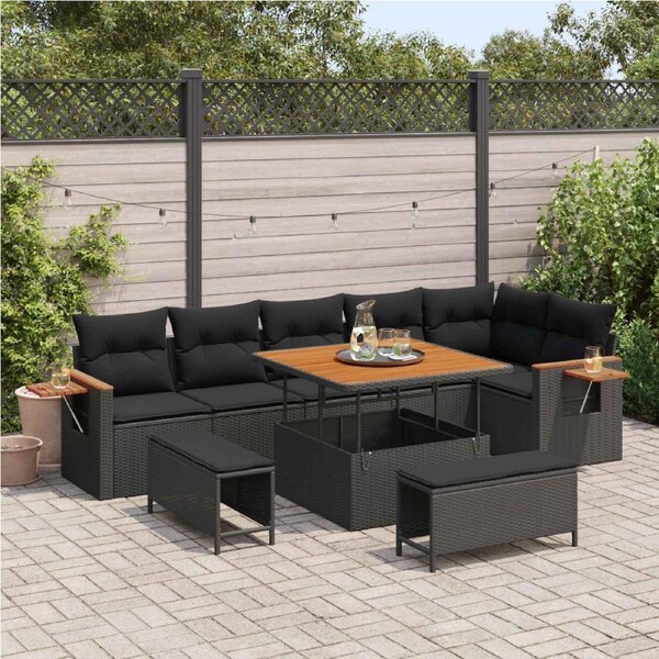 Garden Sofa Set with Cushion 11 pcs Black Poly Rattan vidaXL