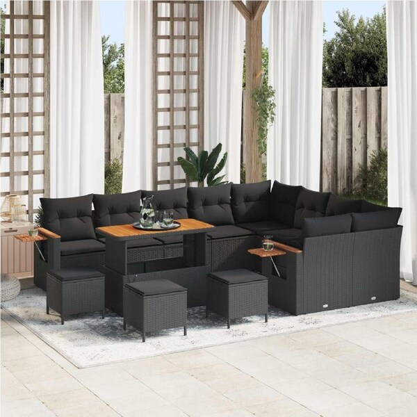 Garden Sofa Set with Cushion 14 pcs Black Poly Rattan vidaXL