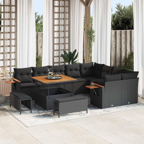 Garden Sofa Set with Cushion 13 pcs Black Poly Rattan vidaXL