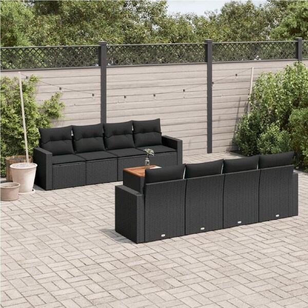 9 Piece Garden Sofa Set with Cushions Black Poly Rattan vidaXL