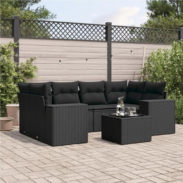 7 Piece Garden Sofa Set with Cushions Black Poly Rattan vidaXL