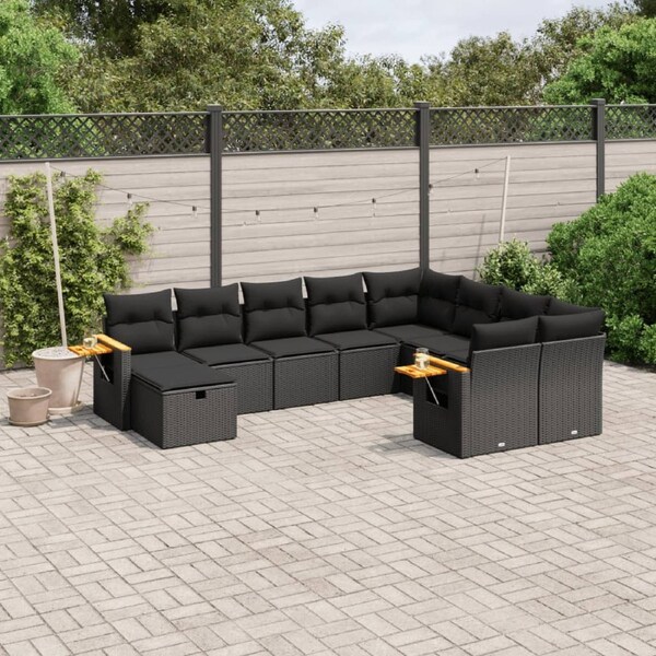 10 Piece Garden Sofa Set with Cushions Black Poly Rattan vidaXL
