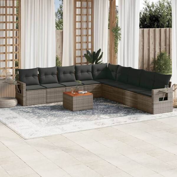 10 Piece Garden Sofa Set with Cushions Grey Poly Rattan vidaXL