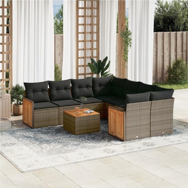 9 Piece Garden Sofa Set with Cushions Grey Poly Rattan vidaXL