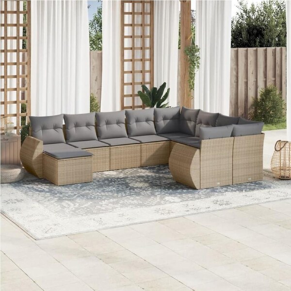 10 Piece Garden Sofa Set with Cushions Beige Poly Rattan vidaXL