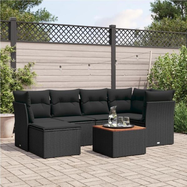 7 Piece Garden Sofa Set with Cushions Black Poly Rattan vidaXL