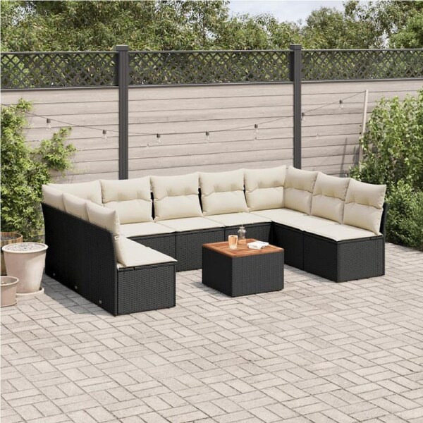 10 Piece Garden Sofa Set with Cushions Black Poly Rattan vidaXL