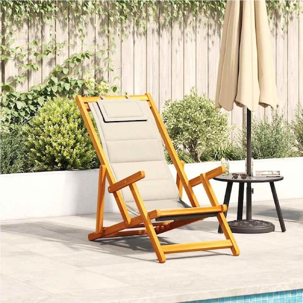 Folding Beach Chair with Armrests Cream Acacia Wood & Textilene vidaXL