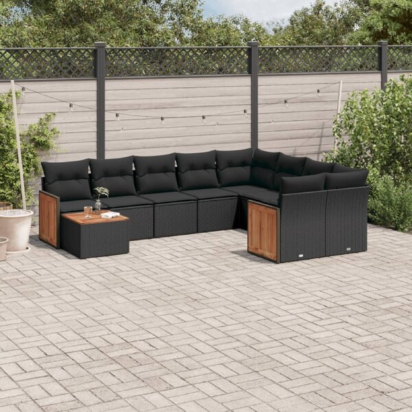 10 Piece Garden Sofa Set with Cushions Black Poly Rattan vidaXL