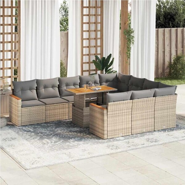 11 Piece Garden Sofa Set with Cushions Beige Poly Rattan Acacia vidaXL